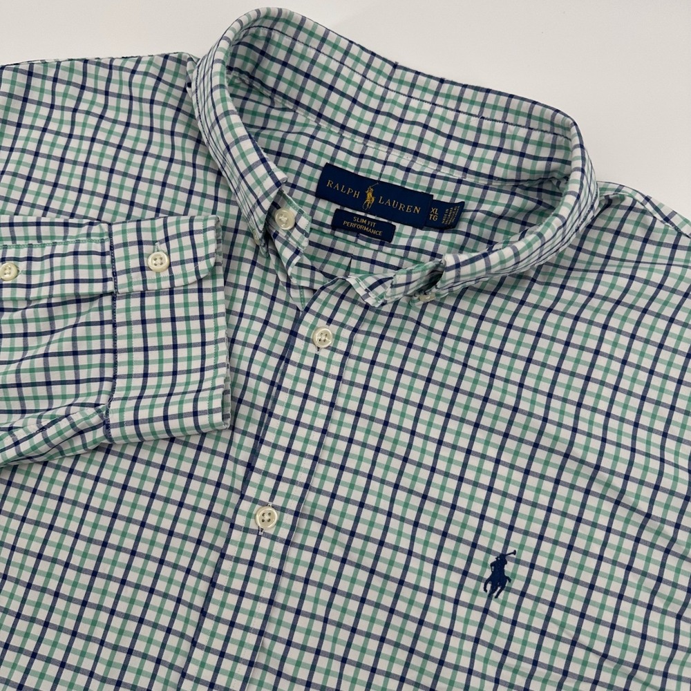 Ralph Lauren Men's XL Slim Fit Performance Shirt Green Navy Check Button Down